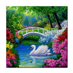 Swan Bird Spring Flowers Trees Lake Pond Landscape Original Aceo Painting Art Tile Coasters by BangZart
