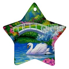 Swan Bird Spring Flowers Trees Lake Pond Landscape Original Aceo Painting Art Ornament (star)