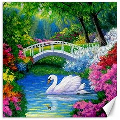 Swan Bird Spring Flowers Trees Lake Pond Landscape Original Aceo Painting Art Canvas 20  X 20   by BangZart