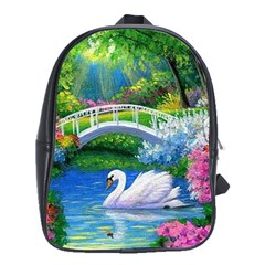 Swan Bird Spring Flowers Trees Lake Pond Landscape Original Aceo Painting Art School Bags(large) 