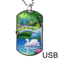 Swan Bird Spring Flowers Trees Lake Pond Landscape Original Aceo Painting Art Dog Tag Usb Flash (two Sides) by BangZart