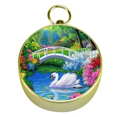 Swan Bird Spring Flowers Trees Lake Pond Landscape Original Aceo Painting Art Gold Compasses