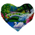 Swan Bird Spring Flowers Trees Lake Pond Landscape Original Aceo Painting Art Large 19  Premium Flano Heart Shape Cushions Front