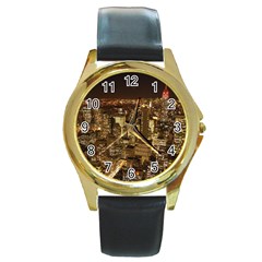 New York City At Night Future City Night Round Gold Metal Watch by BangZart