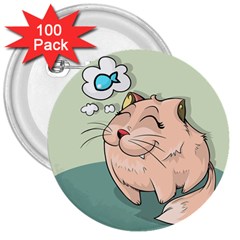 Cat Animal Fish Thinking Cute Pet 3  Buttons (100 Pack)  by Nexatart