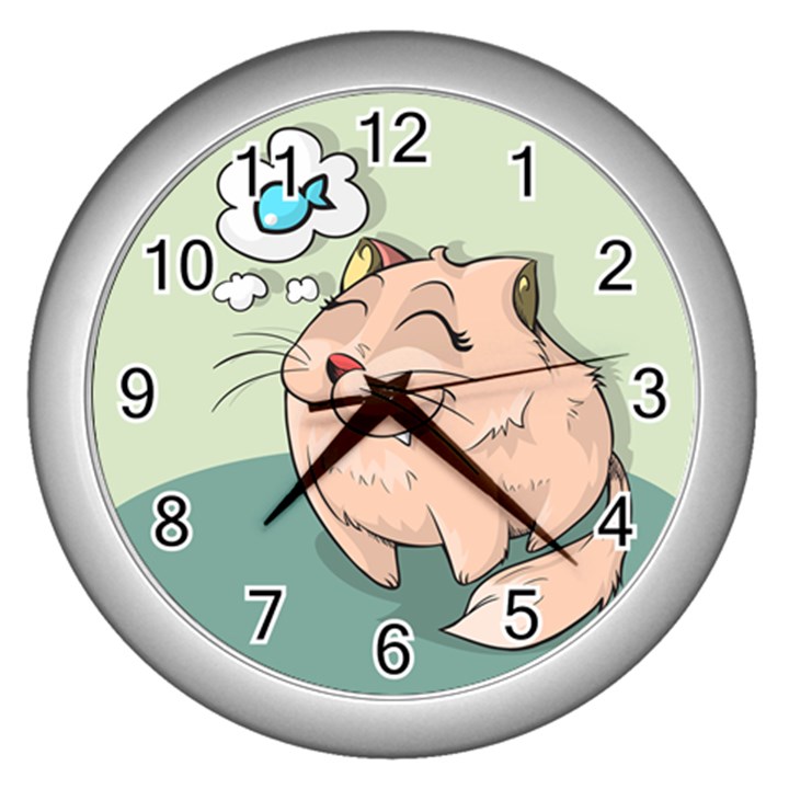 Cat Animal Fish Thinking Cute Pet Wall Clocks (Silver) 