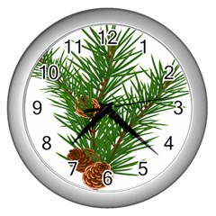 Branch Floral Green Nature Pine Wall Clocks (silver) 