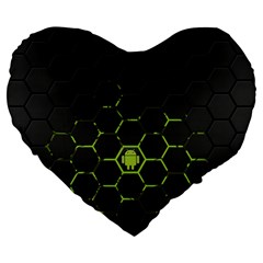 Green Android Honeycomb Gree Large 19  Premium Flano Heart Shape Cushions