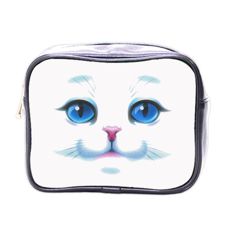 Cute White Cat Blue Eyes Face Mini Toiletries Bags