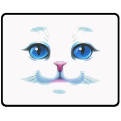 Cute White Cat Blue Eyes Face Double Sided Fleece Blanket (medium) 