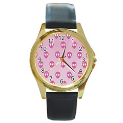 Alien Pattern Pink Round Gold Metal Watch by BangZart