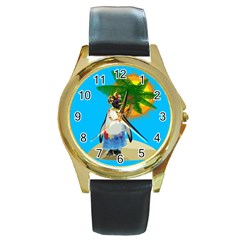 Tropical Penguin Round Gold Metal Watch by Valentinaart