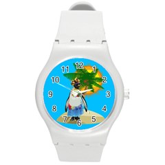 Tropical Penguin Round Plastic Sport Watch (m) by Valentinaart