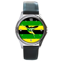 Jamaican Colors Round Leather Watch (silver Rim) by rascatcornmeal