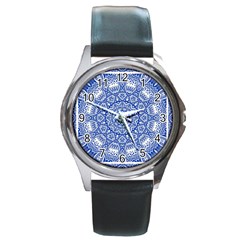 Blue Mandala Art Pattern Round Metal Watch by paulaoliveiradesign