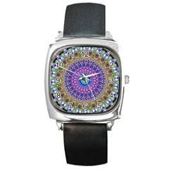 Colorful Purple Green Mandala Pattern Square Metal Watch by paulaoliveiradesign