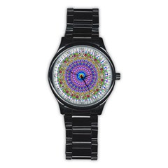 Colorful Purple Green Mandala Pattern Stainless Steel Round Watch by paulaoliveiradesign