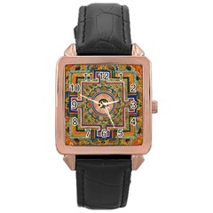 Asian Art Mandala Colorful Tibet Pattern Rose Gold Leather Watch 