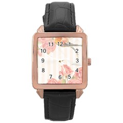 Vintage Roses Floral Illustration Bird Rose Gold Leather Watch 