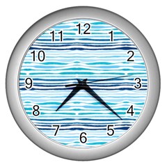 Watercolor Blue Abstract Summer Pattern Wall Clocks (silver) 