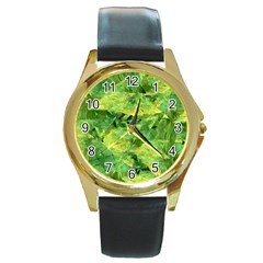 Green Springtime Leafs Round Gold Metal Watch by designworld65