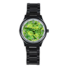 Green Springtime Leafs Stainless Steel Round Watch by designworld65