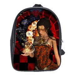 Steampunk, Beautiful Steampunk Lady With Clocks And Gears School Bag (large) by FantasyWorld7