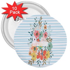 Watercolor Bouquet Floral White 3  Buttons (10 Pack)  by Nexatart