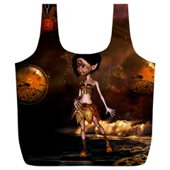 Steampunk, Cute Little Steampunk Girl In The Night With Clocks Full Print Recycle Bags (l)  by FantasyWorld7