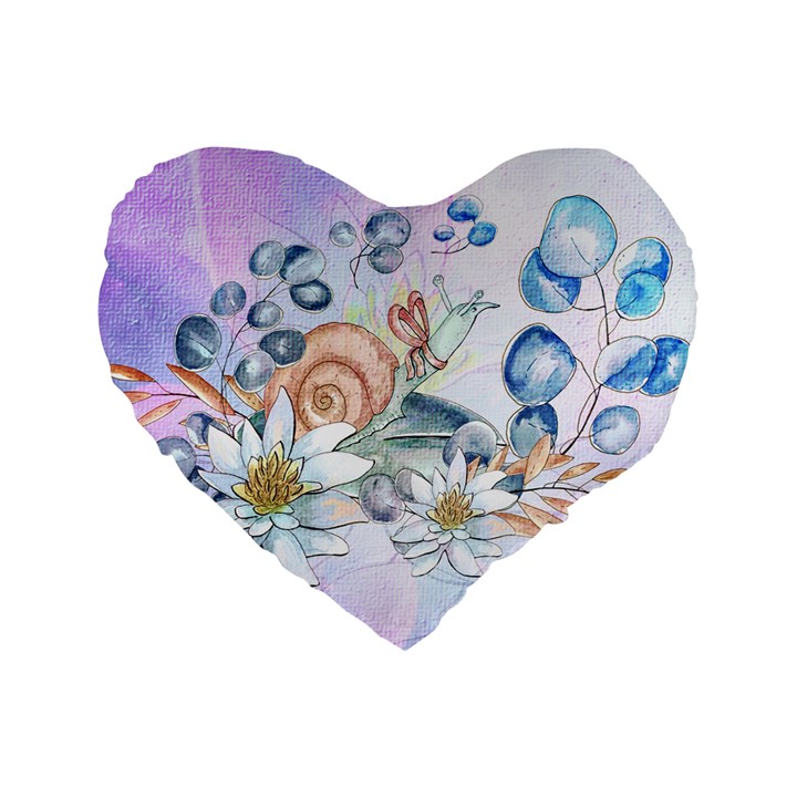 Snail And Waterlily, Watercolor Standard 16  Premium Flano Heart Shape Cushions