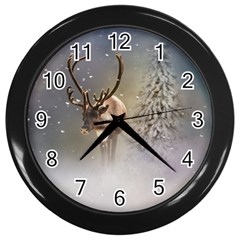 Santa Claus Reindeer In The Snow Wall Clocks (Black)