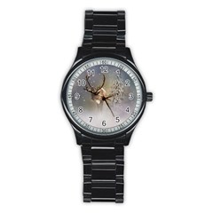 Santa Claus Reindeer In The Snow Stainless Steel Round Watch