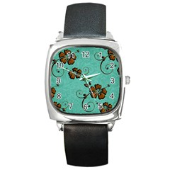 Chocolate Background Floral Pattern Square Metal Watch