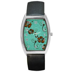 Chocolate Background Floral Pattern Barrel Style Metal Watch