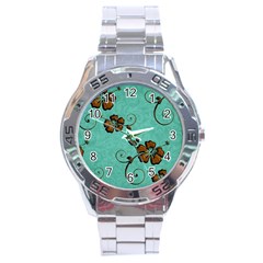 Chocolate Background Floral Pattern Stainless Steel Analogue Watch