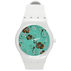 Chocolate Background Floral Pattern Round Plastic Sport Watch (M)