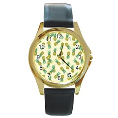 Pineapples Pattern Round Gold Metal Watch by Valentinaart