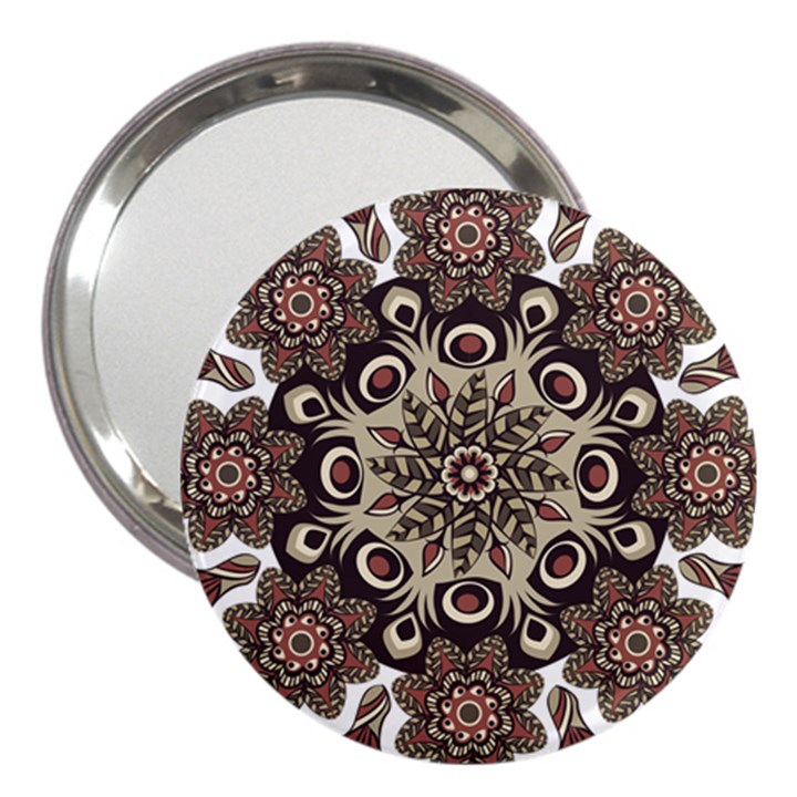 Mandala Pattern Round Brown Floral 3  Handbag Mirrors