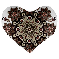 Mandala Pattern Round Brown Floral Large 19  Premium Flano Heart Shape Cushions