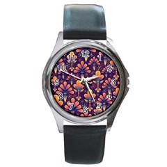 Floral Abstract Purple Pattern Round Metal Watch