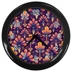 Floral Abstract Purple Pattern Wall Clocks (Black)