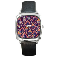 Floral Abstract Purple Pattern Square Metal Watch