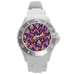 Floral Abstract Purple Pattern Round Plastic Sport Watch (L)