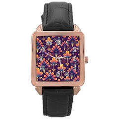 Floral Abstract Purple Pattern Rose Gold Leather Watch 