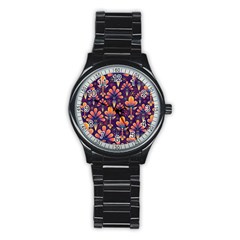 Floral Abstract Purple Pattern Stainless Steel Round Watch