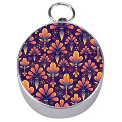 Floral Abstract Purple Pattern Silver Compasses