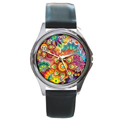 Colorful Abstract Pattern Kaleidoscope Round Metal Watch by paulaoliveiradesign