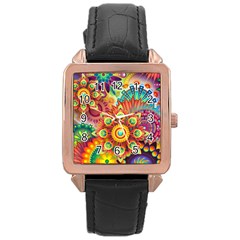 Colorful Abstract Pattern Kaleidoscope Rose Gold Leather Watch  by paulaoliveiradesign