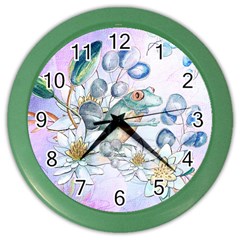 Funny, Cute Frog With Waterlily And Leaves Color Wall Clocks by FantasyWorld7