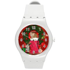 Christmas, Funny Kitten With Gifts Round Plastic Sport Watch (m) by FantasyWorld7